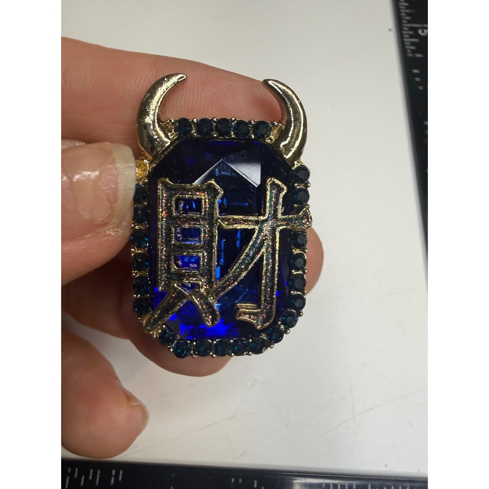 Blue Crystal Devil Horn Brooch Gold Tone Wealth Character Rhinestone Pin
